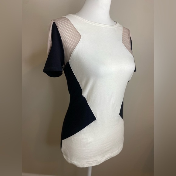 Karen Millen Cotton Colorblock Cap Sleeve Tan Black White Short Sleeve Top Small - Picture 2 of 9